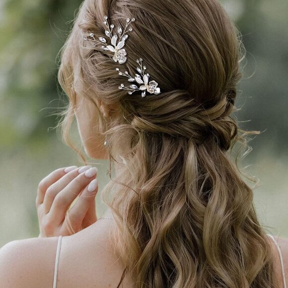 2Pcs Bridal Rhinestone Hair Pins Silver Wedding Accessories for Brides